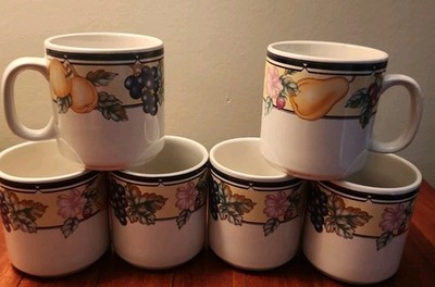  ONEIDA Stoneware ORCHARD Design Fruit Coffee Cup Lot Of 6 Grannycore 80'S Mug