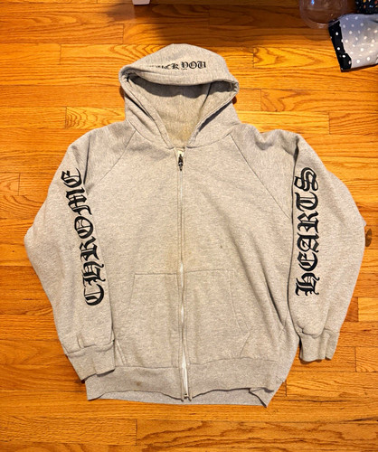 Chrome Hearts, Vintage 90s Chrome Hearts Gray Thermal Zip Up Hoodie Logo Sleeve Horseshoe L