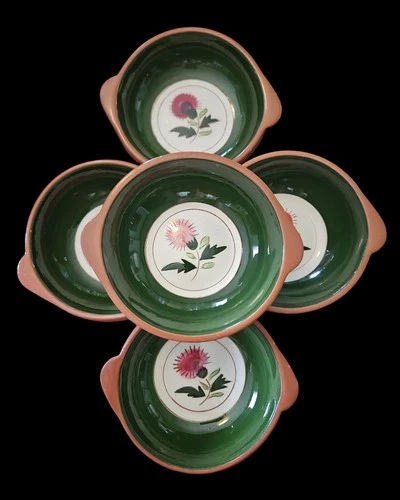 Vintage Stangl Pottery Thistle Lug Handles 5” Bowl Pink Green