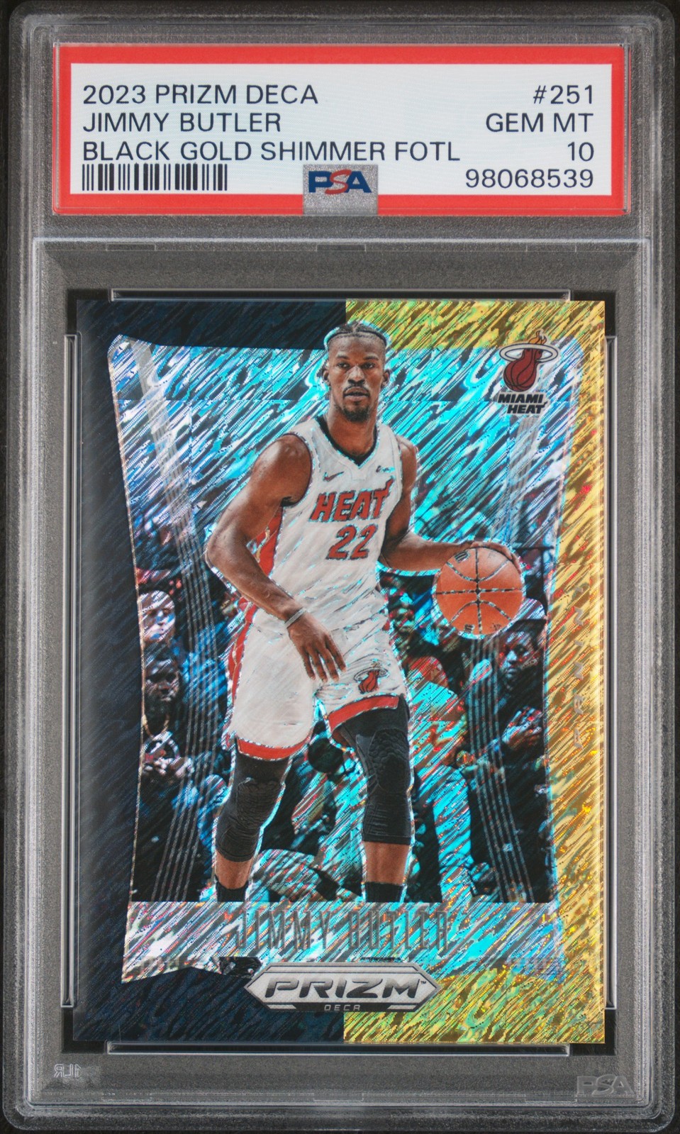 2023 PANINI PRIZM DECA BLACK GOLD SHIMMER FOTL #251 JIMMY BUTLER 3/8 PSA 10