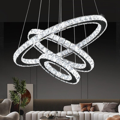 Modern Crystal Chandelier, Dimmable LED Pendant Light Fixture 3-Ring Adjustable 