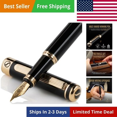 Luxury Fountain Pen - Stunning Black Lacquer Pen, Real Gold Finish, Schmidt G...