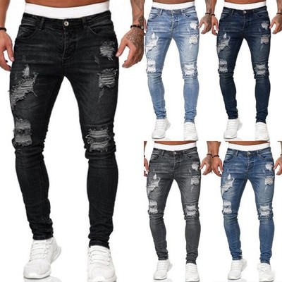 Men Jean Fashion Street Style Ripped Skinny Vintage Wash Solid Denim Trouser