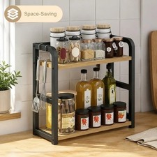 2 Tier Kitchen Countertop Shelf Rack with Mug Hooks & Spice Storage