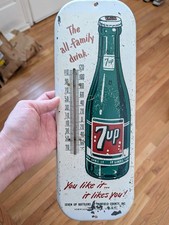 7 Up Vintage Metal Thermometer Sign Green White Red Soda Authentic Advertising 