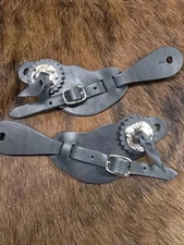 NICE QUALITY Black Leather Horse Show SPUR STRAPS~side conchos
