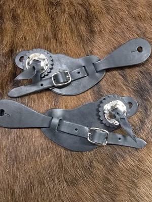 NICE QUALITY Black Leather Horse Show SPUR STRAPS~side conchos