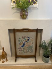 Vintage Wooden Fire Screen with Floral And Peacock Embroidery Design 51cm Wide