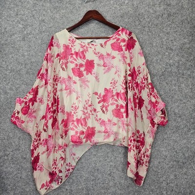 Elena Baldi Blouse Medium Pink Floral Italian Silk Overlay Lagenlook Whimsy NEW