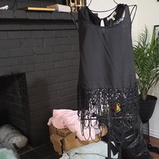 Monteau M Black Solid Sleeveless Scoop Neck Short Sheer Lace Fringe Dress