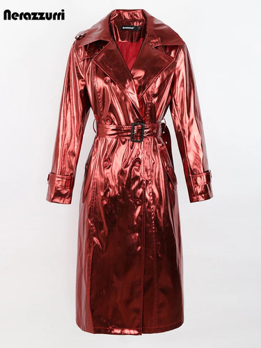 Spring Autumn Women Long Shiny Reflective Patent Leather Trench Coat Overcoat - 第 21/21 張圖片