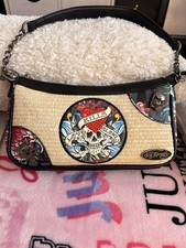 Ed Hardy Multicolor Skull Heart Shoulder Bag w/ Zip Closure Detachable Strap