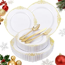 125PCS White and Gold Plastic Plates - Gold Disposable Plates with Plastic Silve