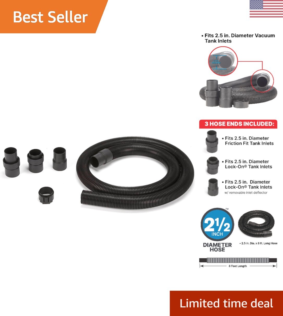 Durable American-Made 2.5-Inch x 8-Foot Long Reach Vacuum Hose