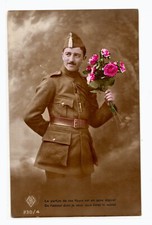 RPPC  Young Man Soldiers Uniform With Bouquet Studio Pose Tinted Sepia Tone 207A