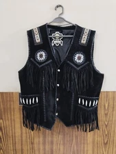 Men Native Traditional Western Cowboy Leather vest Fringe & Beaded