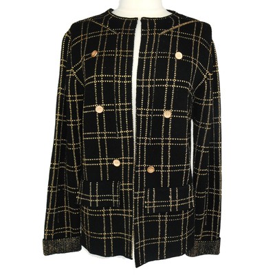 SIONI Knit Cardigan Sweater Open Front Black Golden Metallic Windowpane Plaid L | eBay