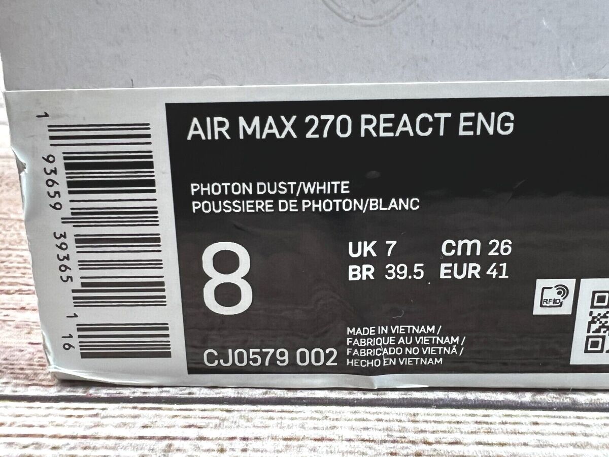 NIKE AIR MAX 270 REACT ENG PHOTON DUST CJ0579-002 SIZE 8 NIB NIKE AIR MAX 270 REACT ENG PHOTON DUST CJ0579-002 SIZE 8 NIB