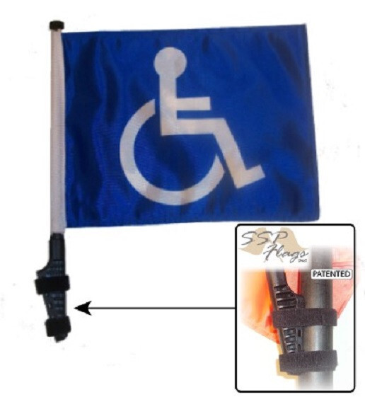 HANDICAP Flag w/ SSP Flags EZ On EXTENDED STRAPS Bracket for Wide Bar Golf Carts