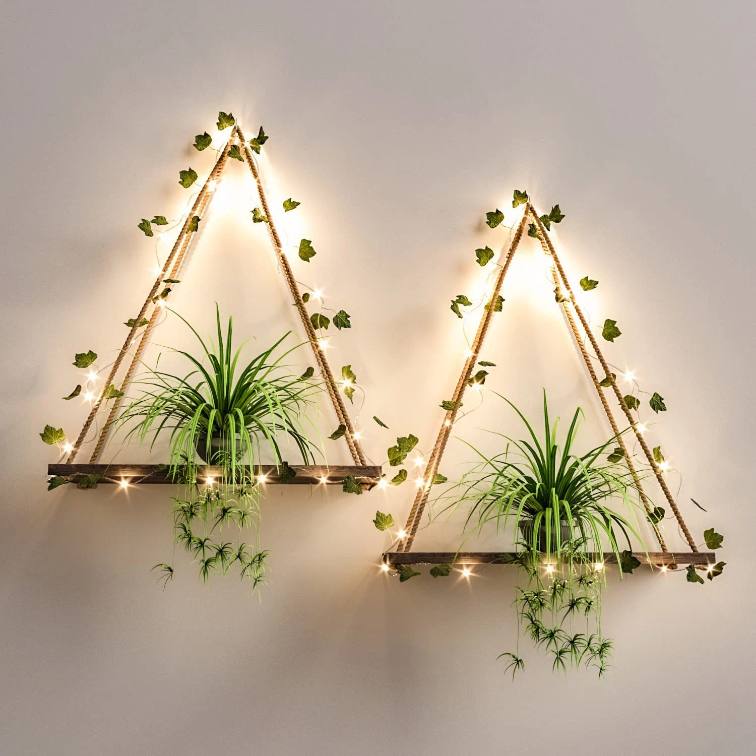 2pcs Artificial Ivy Led-Strip Wall Hanging Shelves, Wood Hanging Plant Shelves