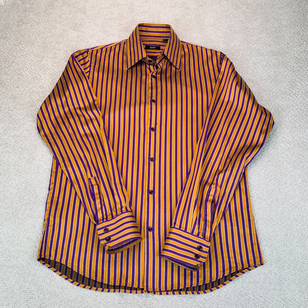HUGO BOSS Men Size 39 15 1/2 Purple Stripe Cotton Long Sleeve