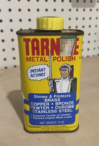 Vintage Metal Polish Can Tarnite Advertising Knight with Sword Graphic Half Full