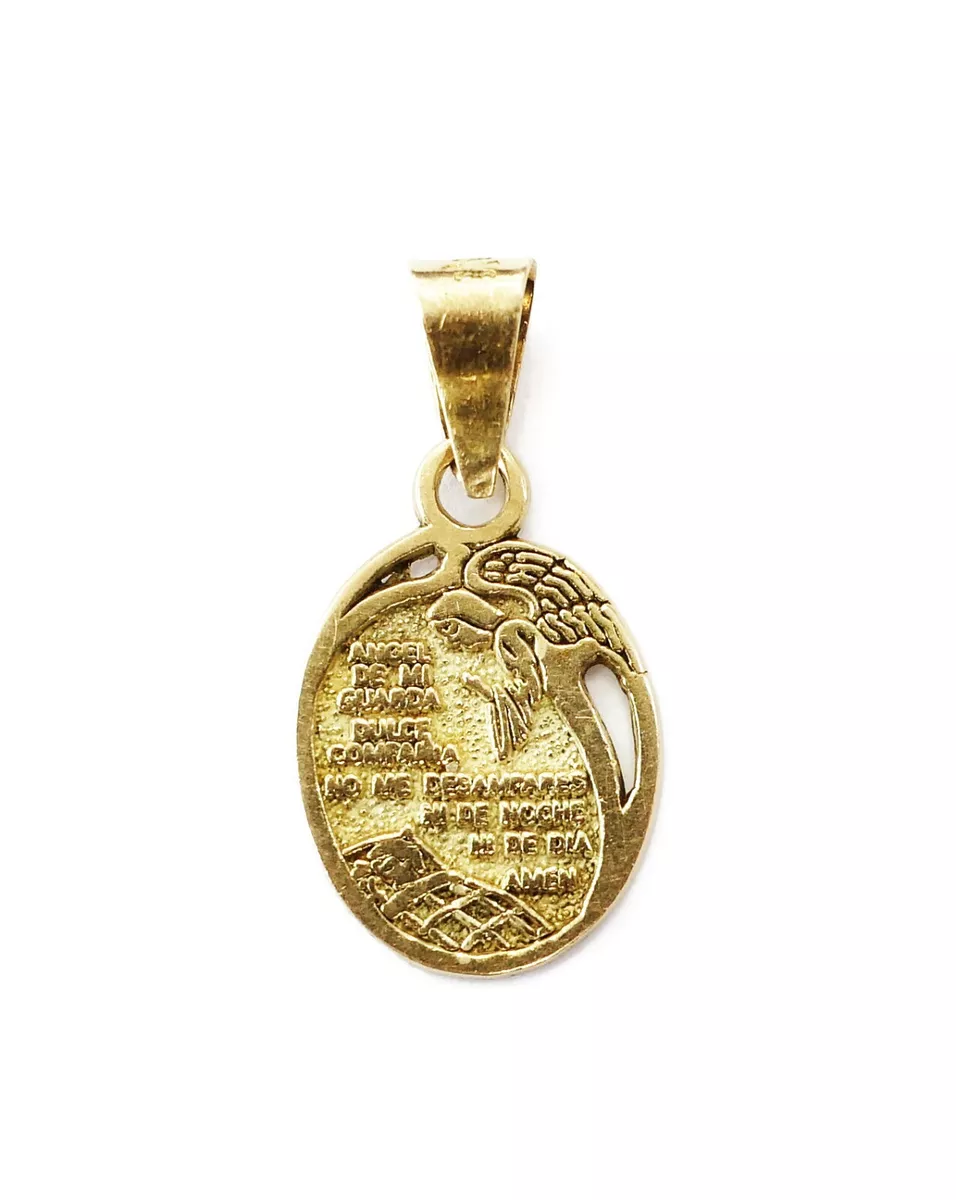 14K Yellow Gold Oval Shape Medal Guardian Angel Necklace Charm