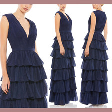 NWT $398 IEENA Mac Duggal [ 12 ] Sparkly Ruffle Layered Gown Midnight Blue G1455