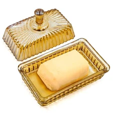 Champagne Vintage Glass Butter Dish with Lid for Countertop,