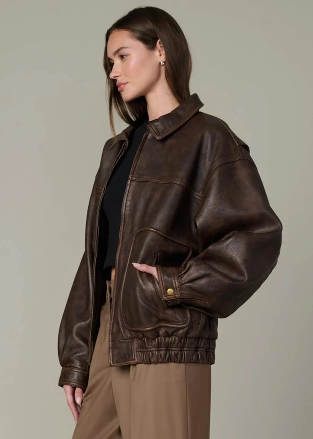 Oversized Brown Leather Jacket 90s Women Genuine Leather Bomber Oversize Jacket