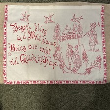 Vintage Redwork Embroidery German Birds Flying With Writing Bird, Fly, Luck
