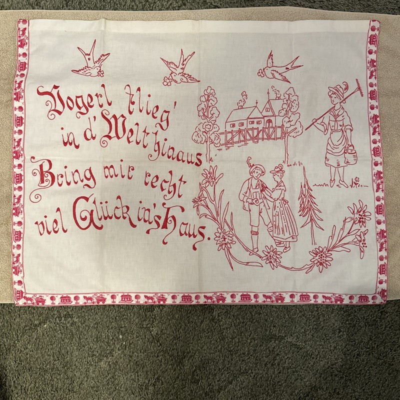 Vintage Redwork Embroidery German Birds Flying With Writing Bird, Fly, Luck
