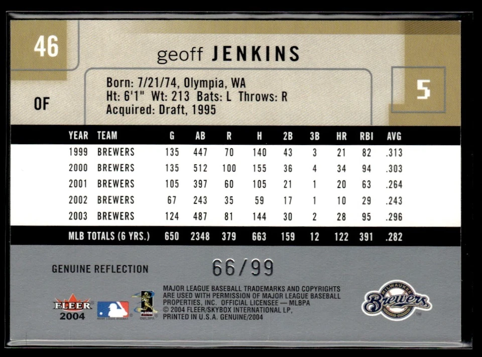 2004 Fleer Genuine Insider Reflections Geoff Jenkins 66/99 Milwaukee Brewers #46 - Image 2 of 2