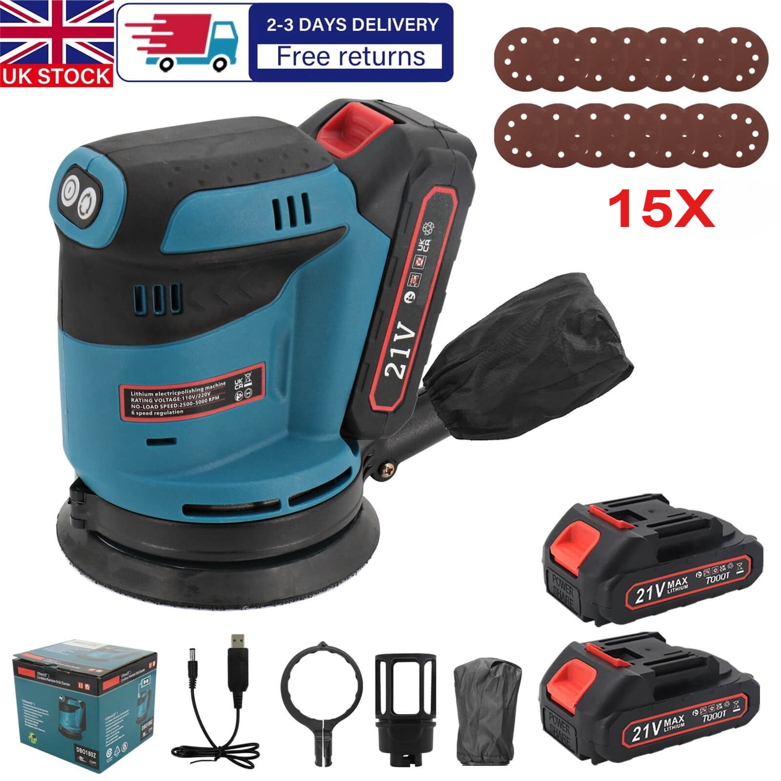 21V Cordless Electric Random Orbital Sander 3 Speed & 15X 125mm Sheet &2 Battery