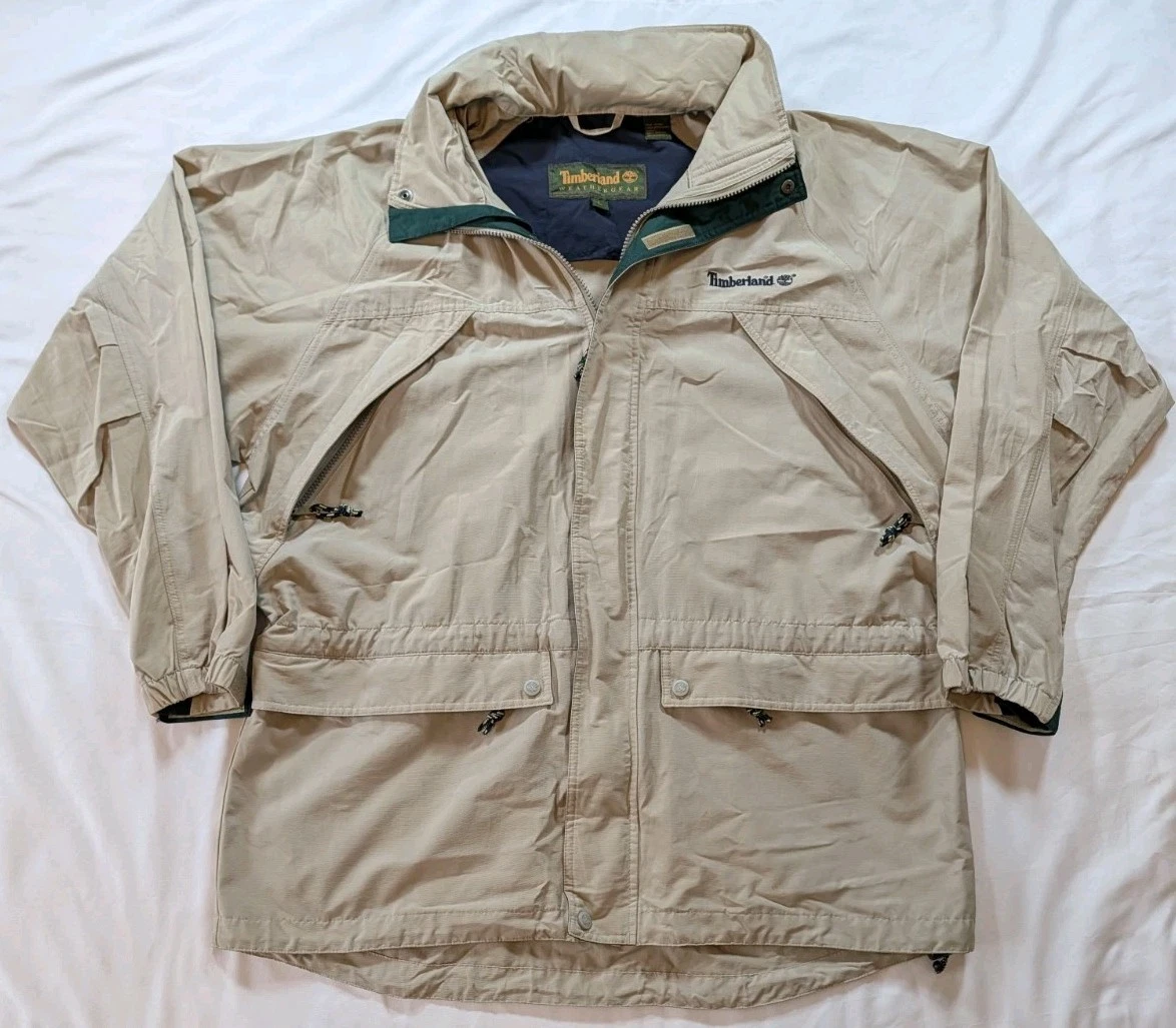 Vintage Timberland Field Jacket Mens Lg Tan Zip Up Multi Pockets Hooded 1998