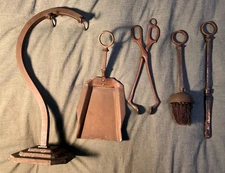 Vintage 5 Pcs Fireplace Tool Accessory Set & Poker, Shovel, Tong, Stand, Brush