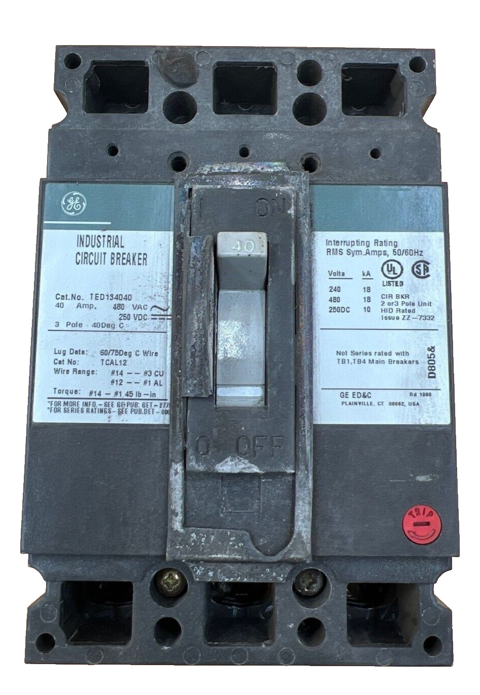 GE TED134040 Circuit Breaker 40A 3P 480V 3PH Lug to Lug Used