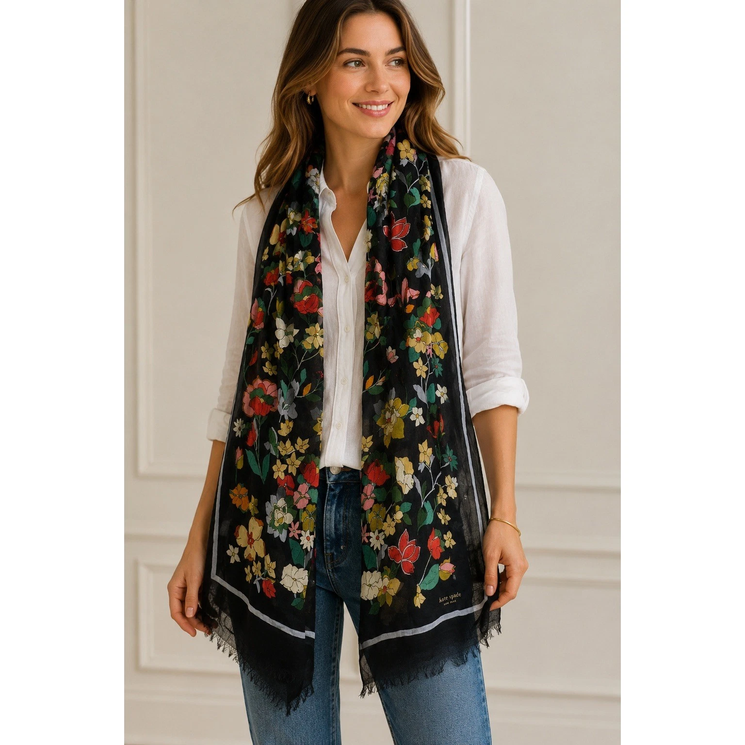 Kate Spade Floral Scarf Oblong Wrap Black Sheer Lightweight Colorful
Opens in a new window or tab
