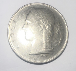Belgium 1967 1 Franc Aluminum Coin KM#144 BELGIQUE Legend Oak Leaf Crown