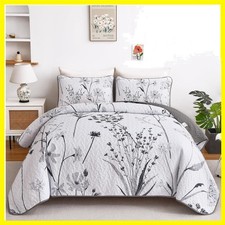 Floral California King Quilt Set Grey and White Botanical Bedspread 3 Piece...