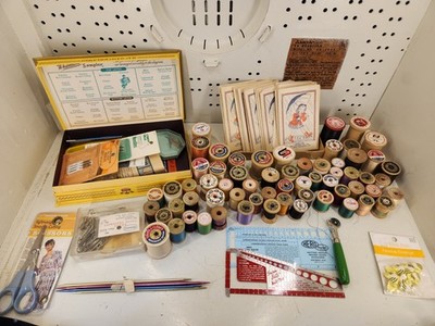 Huge Vintage Sewing Lot Wooden Thread Spools Whitman Sampler Box Needles Notions