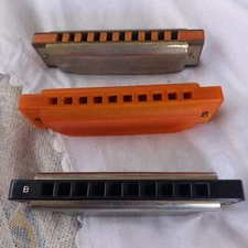 Hohner Tombow Harmonica Set - B Key Orange & Silver Used oo6
