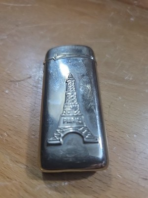 Vtg Silver Raised Eiffel Tower Paris France Lighter flip push button NOT WORKING