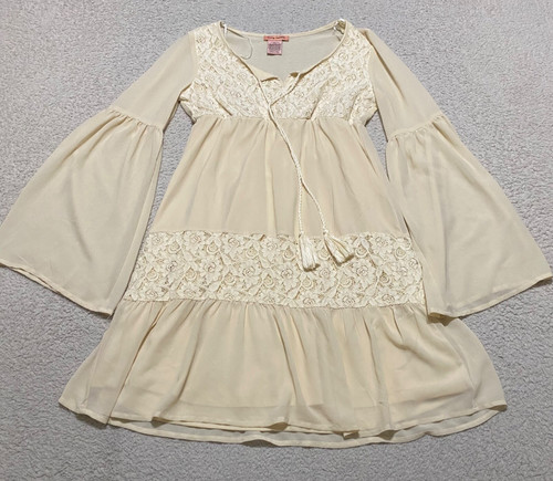 Flying Tomato Womens Small Dress Beige Lace Mini Bohemian Bell Sleeves