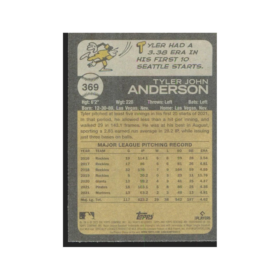 2022 Topps Heritage Tyler Anderson Mariners #369 - Image 2 of 3