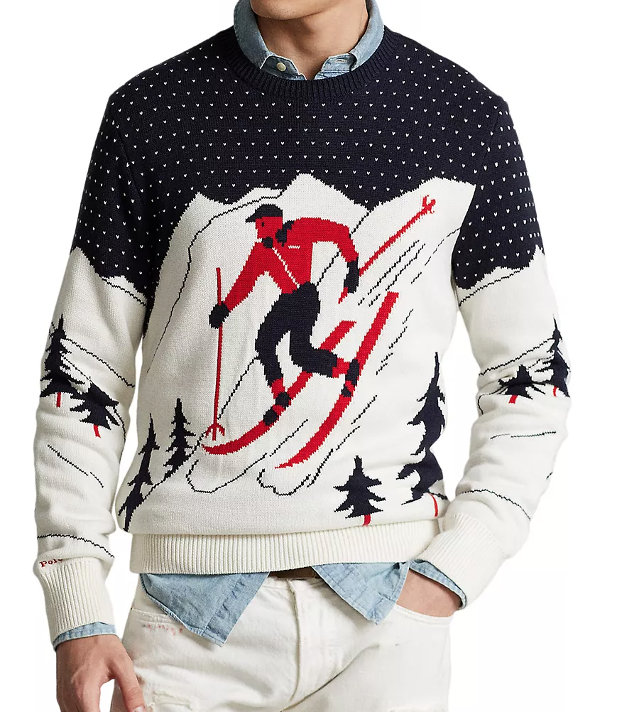 POLO RALPH LAUREN Men's Navy Multi Skier Graphic Cotton Pullover