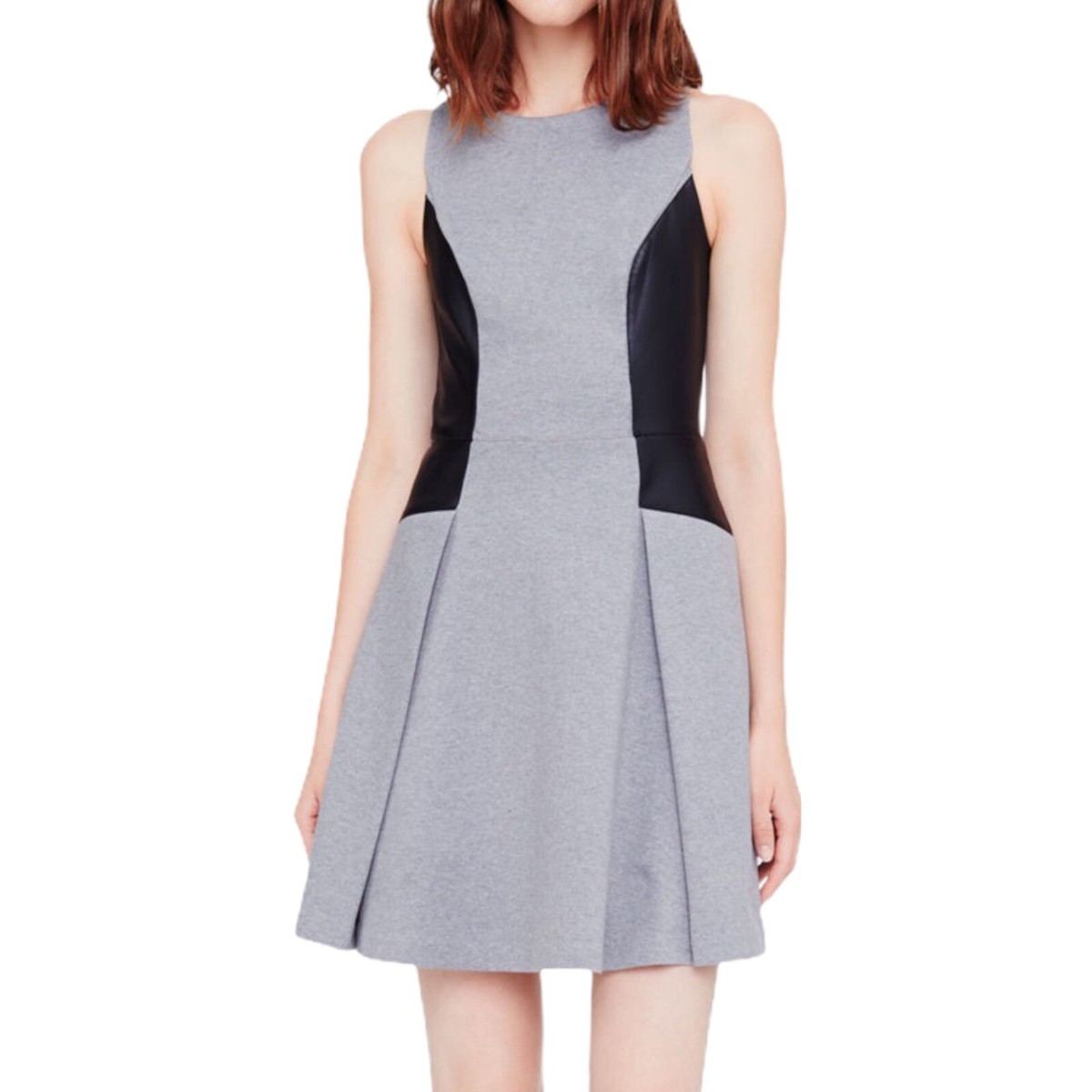 Club Monaco Janine Heather Gray Black Leather Trim Flare Sleeveless Dress Sz 00