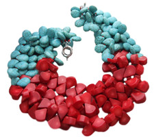 3Strds blue Turquoise red Coral Necklace 19"
