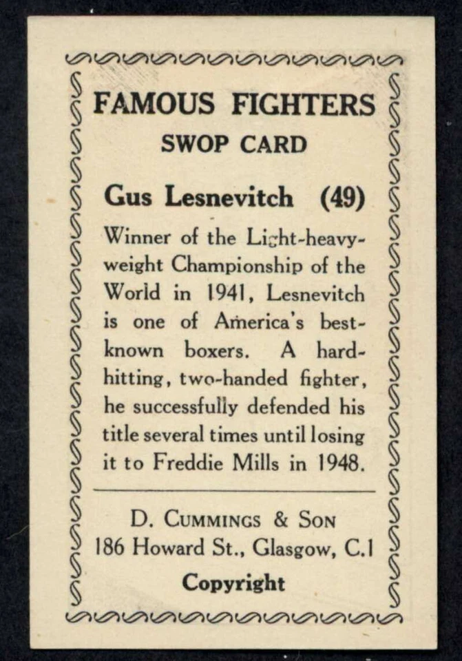 1947 D. Cummings and Son Famous Fighters #49 Gus Lesnevich NM/NM+ UER 5418  - Image 2 of 2