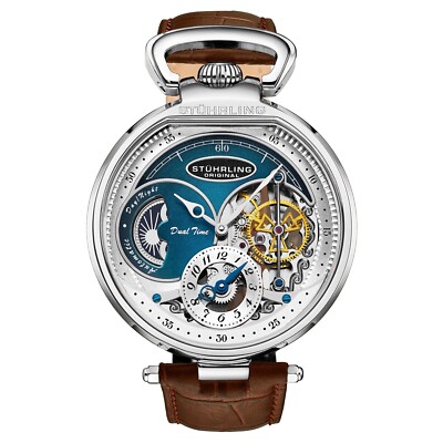 Stuhrling 4033 3 Modena Automatic Dual Time Skeleton AM/PM Brown Mens Watch